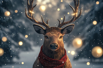 A majestic christmas reindeer portrait with festive lights in a snowy winter wonderland scene