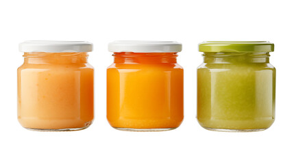 Three Jars of Colorful Fruit Baby Food Puree Ready for Consumption