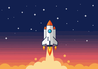 Pixel art shows a rocket launching with stars in a gradient sky and clouds beneath