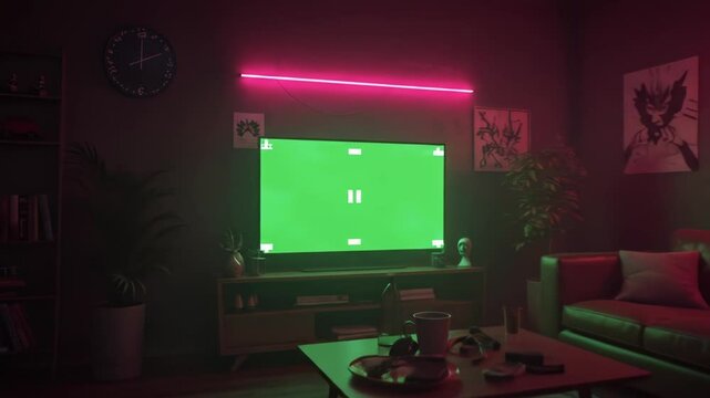 Cozy Living Room with Green Screen TV and Neon Lighting. stream starting soon screen, overlay loop, animated virtual backgrounds, cozy lo-fi living room at rainstorm, vtuber asset twitch zoom OBS.