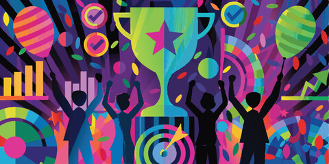 Celebratory scene with figures, trophy, balloons, charts, and confetti in vibrant colors and patterns