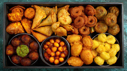 A variety of deliciously fried indian snacks arranged on a dark wooden serving tray
