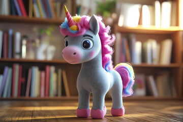 Adorable 3d rendered unicorn toy standing on a wooden floor in front of bookshelves