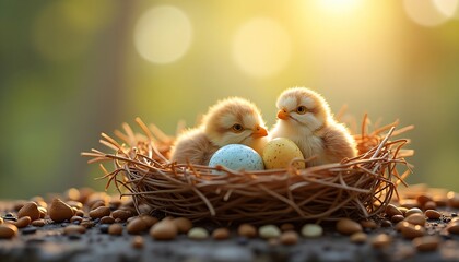 Two fluffy baby chicks nestled in a woven nest with colorful eggs, bathed in sunlight.
