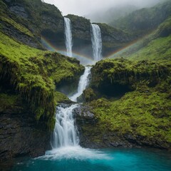 "A waterfall cascading down a steep cliff into a turquoise pool surrounded by moss-covered rocks and vibrant greenery, with rainbows forming in the mist."
