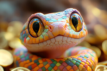 Adorable close-up of a colorful snake showcasing mesmerizing eyes and vibrant scales.