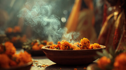 Aromatic orange marigold flowers in a clay bowl with mystical smoke and bokeh background