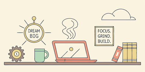 Illustration of a laptop with steam, books, and a motivational quote on a shelf in a workspace