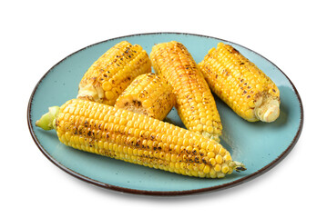 Plate with tasty grilled corn cobs on white background