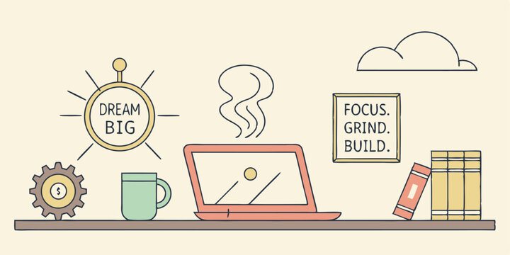 Illustration of a laptop with steam, books, and a motivational quote on a shelf in a workspace