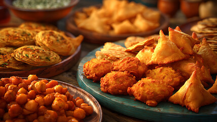 Assortment of delicious indian snacks displayed beautifully on a wooden surface
