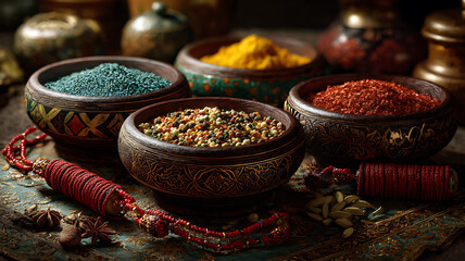 Assortment of vibrant spices and herbs in rustic wooden bowls on a decorative surface