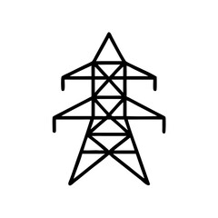 Power line tower icon in minimalist style, black outline, transparent background