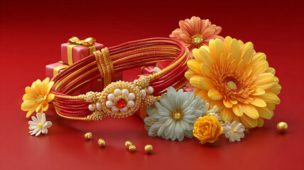 Beautifully decorated rakhi with flowers and gifts celebrated on a vibrant red background