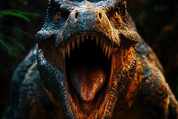 Close up of a fearsome tyrannosaurus rex revealing sharp teeth and open mouth
