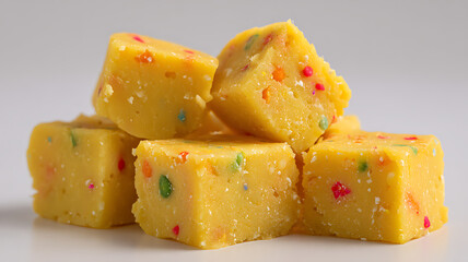 Close up photography of delicious indian sweet square pieces with colorful sprinkles