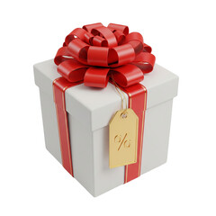 White gift box with red ribbon bow and gold percentage tag isolated on a transparent background