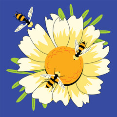 Bright Bee and Daisy Vector Illustration – Colorful Floral Art on Blue Background