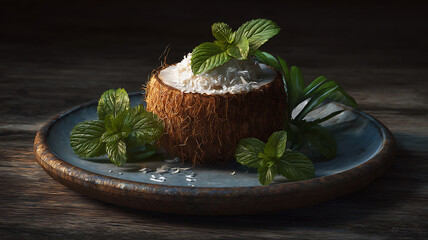 Coconut dessert presented on a rustic plate with fresh mint leaves and shredded coconut