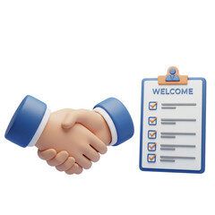 3 D Render of a Handshake and Welcome Checklist with Checkmarks in Blue and Beige Tones isolated on a transparent background