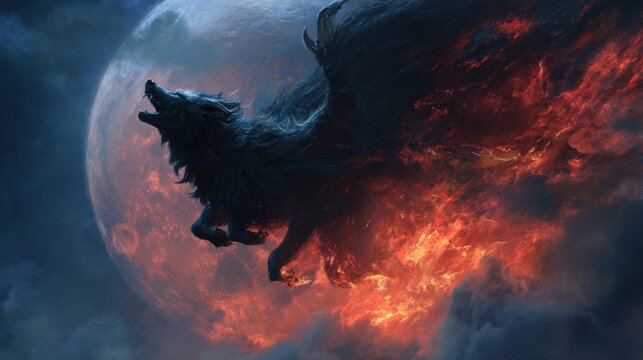 Mythical Wolf Howling Amidst Flames with a Full Moon in the Background
