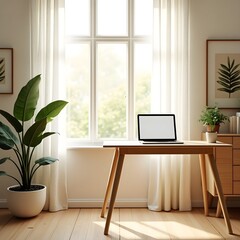 Fototapeta premium Luxury interior with wooden table, chairs, and large window