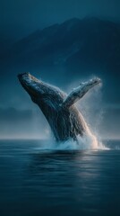 Naklejka premium Humpback Whale Breaching in Calm Waters with Mountainous Background