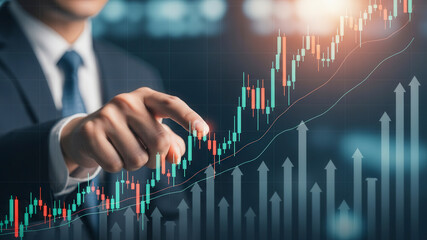 Businessman in Suit Pointing at Rising Financial Chart with Green and Red Indicators