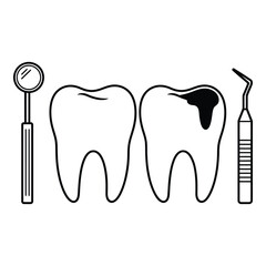 Tooth with cavity and dental tools isolated on white background