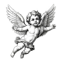 Cherubic Angel with Large Wings Flying Grayscale Illustration isolated on a transparent background