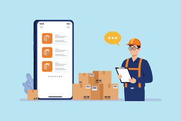 Delivery Worker Managing Orders on a Smartphone App with a Stack of Packages in the Background flat vector illustration