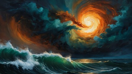 Dramatic Ocean Waves Under a Fiery Swirling Sky at Dusk, Stormy seascape with powerful waves crashing under a vibrant, fiery sky featuring swirling clouds.