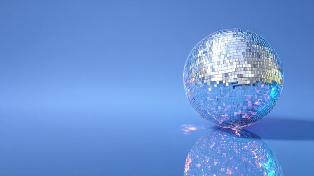 Shiny Disco Ball on a Reflective Blue Surface