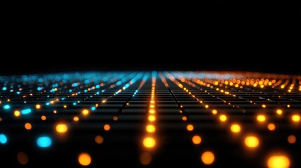 Abstract Grid of Illuminated Blue and Orange Dots on a Dark Background
