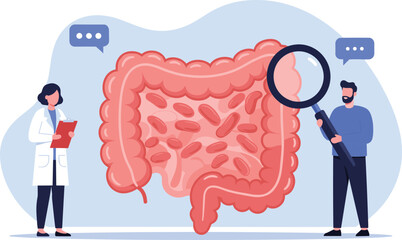 Flat Design Illustration of Doctors Examining the Digestive System with a Magnifying Glass flat vector illustration