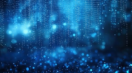 Fototapeta premium Digital Data Rain, Binary Code Waterfall Against a Blue Background, Dazzling Light Particles and Glow Effects Interwoven, High Resolution Wallpaper Showcasing CuttingEdge Technology and Infinite Crea