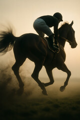 A horse and jockey silhouetted against a hazy sky, captured mid-gallop, kicking up dust on the track, conveying speed and athleticism.