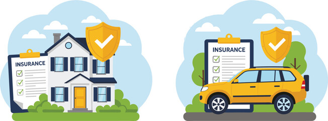Flat Design Illustration of Home and Car Insurance Protection with Shield Symbols flat vector illustration