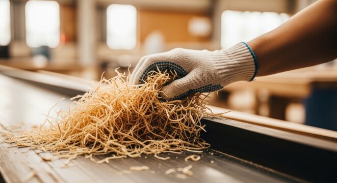 Carpenter s hand in glove removing wood shavings from planer