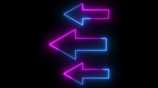 direction left 3 arrow icon animation glowing neon pink and blue color road sign information traffic signal moving road side sign symbol on black background