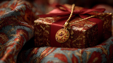Luxurious gold pendant necklace with gemstones presented on a gift box and fabric