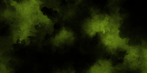 Dark green textured background, panoramic green abstract texture with subtle patterns, green foggy forest scene with light filtering through, green powder dust smoke on a black background.