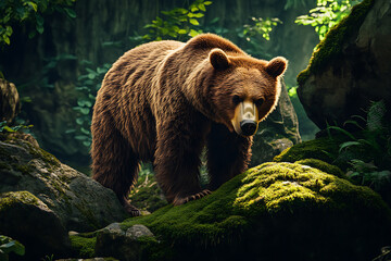 Majestic brown bear strolling through a lush forest environment surrounded by nature