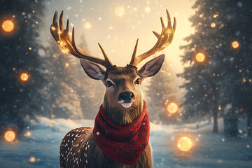 Majestic christmas reindeer wearing a red scarf with glowing antlers in winter wonderland