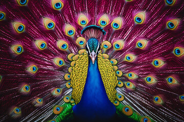 Majestic peacock displaying vibrant plumage of colors and intricate feather details up close