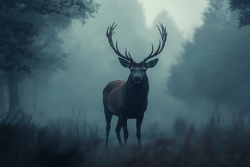 Obraz premium Majestic stag stands proudly in a misty forest clearing with impressive antlers.