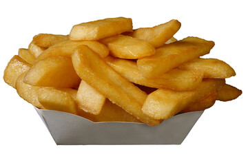 Golden Perfection: A serving of perfectly fried golden-brown French fries, enticingly arranged in a classic paper container. A true image of simple culinary delight.