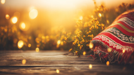 Traditional red and white Peruvian scarf on rustic wood, symbolizing national pride and cultural heritage during Independence Day.