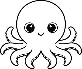A delightful black-and-white illustration of a cute octopus with big eyes and a friendly smile. This design is perfect for children's books, educational materials, or any creative project that celebra