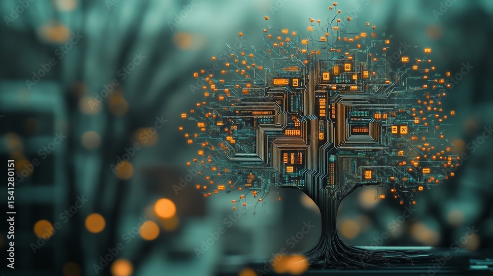 Sticker a mesmerizing blend of nature and technology. this image depicts a tree adorned with glowing circuit